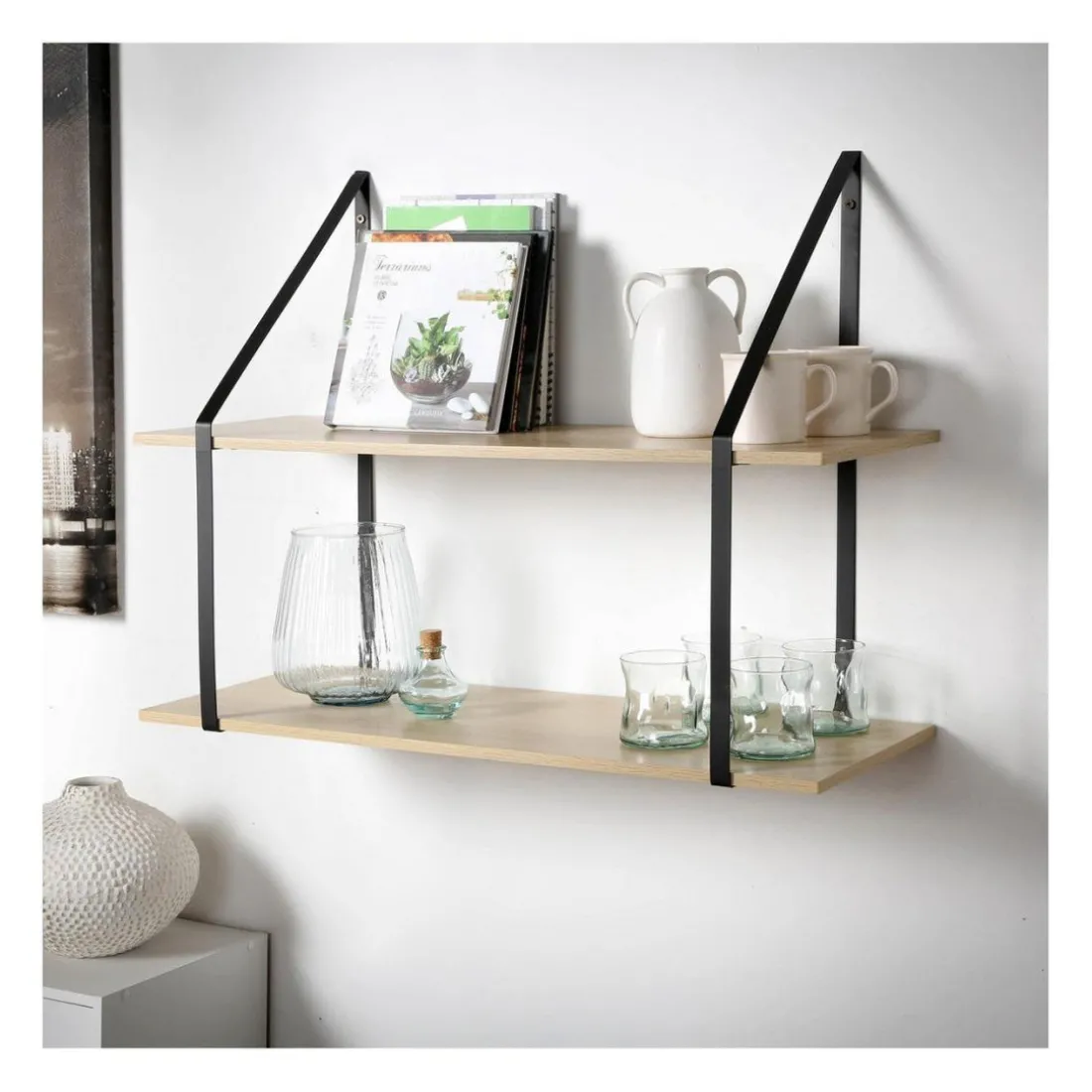 Etagère murale grande profondeur à 2 niveaux en bois support métal