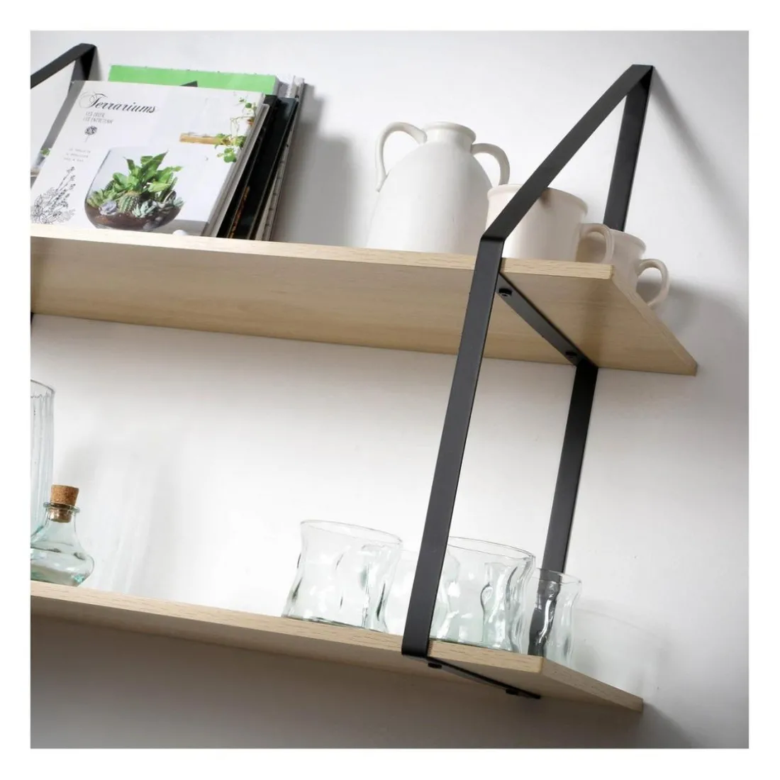 Etagère murale grande profondeur à 2 niveaux en bois support métal