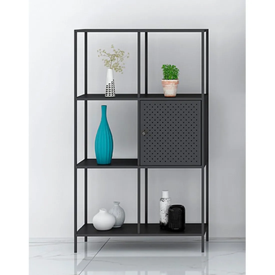 Etagère noire 6 cases et 1 porte en métal