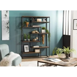 Etagère SIXTINE Recto-Verso En Décalé 120X40X180Cm Bois Teck Recyclé Et Métal