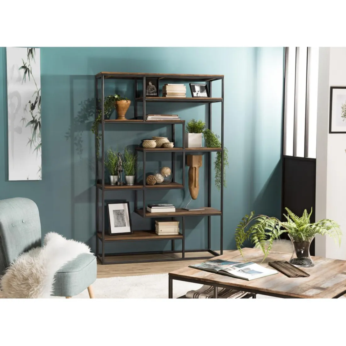 Etagère SIXTINE Recto-Verso En Décalé 120X40X180Cm Bois Teck Recyclé Et Métal