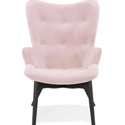 Fauteuil à oreilles 'RUBEN' en velours rose et pieds en bois noir