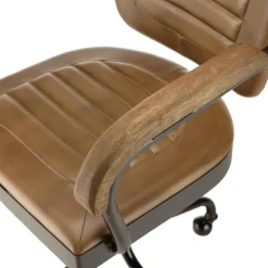 Fauteuil à roulettes assise et accoudoirs matelassée en cuir et en bois de manguier MARCEL Marron