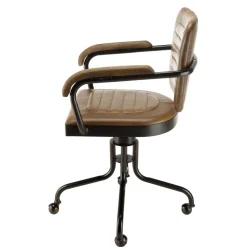 Fauteuil à roulettes assise et accoudoirs matelassée en cuir et en bois de manguier MARCEL Marron