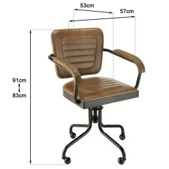 Fauteuil à roulettes assise et accoudoirs matelassée en cuir et en bois de manguier MARCEL Marron