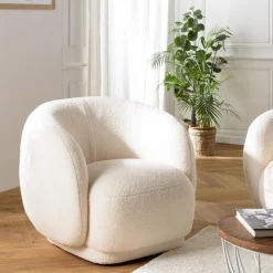 Fauteuil arrondi en tissu bouclette écru LEOPOLD