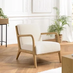 Fauteuil bas tissu bouclette écru structure et accoudoirs bois PIERRE