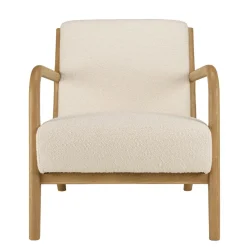 Fauteuil bas tissu bouclette écru structure et accoudoirs bois PIERRE