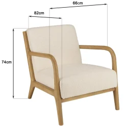 Fauteuil bas tissu bouclette écru structure et accoudoirs bois PIERRE