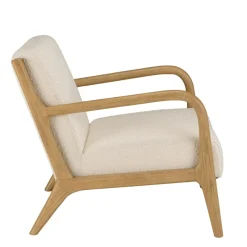 Fauteuil bas tissu bouclette écru structure et accoudoirs bois PIERRE