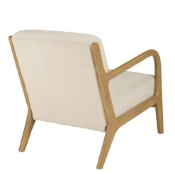 Fauteuil bas tissu bouclette écru structure et accoudoirs bois PIERRE