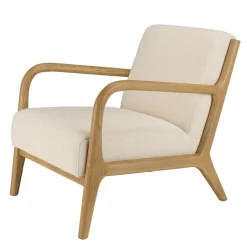Fauteuil bas tissu bouclette écru structure et accoudoirs bois PIERRE