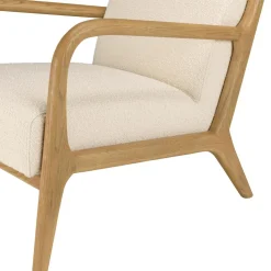 Fauteuil bas tissu bouclette écru structure et accoudoirs bois PIERRE