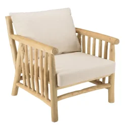 Fauteuil BORNEO en branches de teck naturel coussins blancs WILL