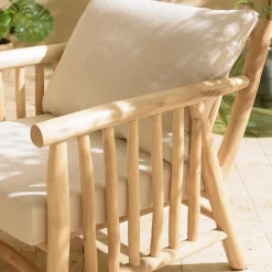 Fauteuil BORNEO en branches de teck naturel coussins blancs WILL
