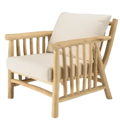 Fauteuil BORNEO en branches de teck naturel coussins blancs WILL