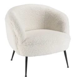 Fauteuil cosy tissu bouclette blanc pieds métal noir