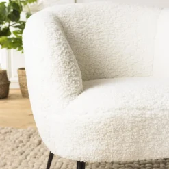 Fauteuil cosy tissu bouclette blanc pieds métal noir