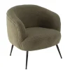 Fauteuil cosy tissu bouclette vert kaki pieds métal noir AGATHE