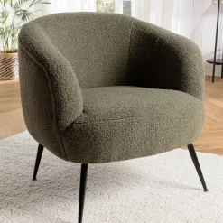 Fauteuil cosy tissu bouclette vert kaki pieds métal noir AGATHE