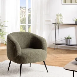 Fauteuil cosy tissu bouclette vert kaki pieds métal noir AGATHE