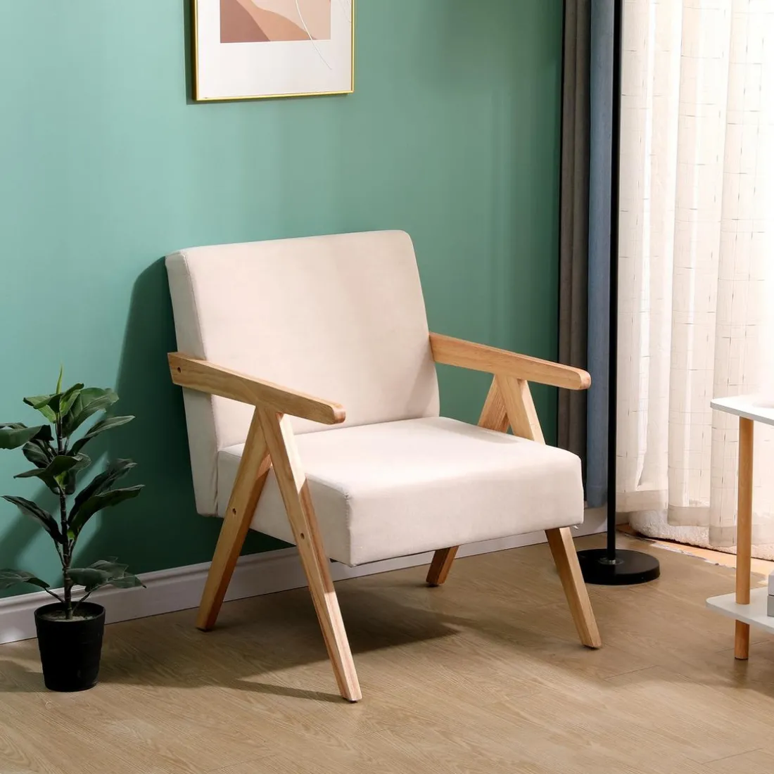 Fauteuil de Salon Scandinave avec Structure Bois et Tissu