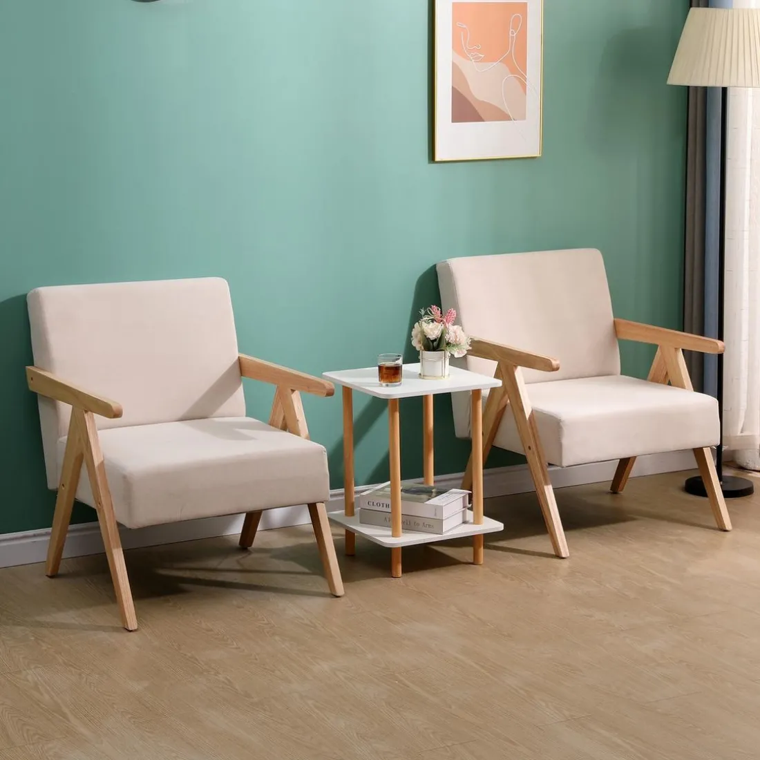Fauteuil de Salon Scandinave avec Structure Bois et Tissu