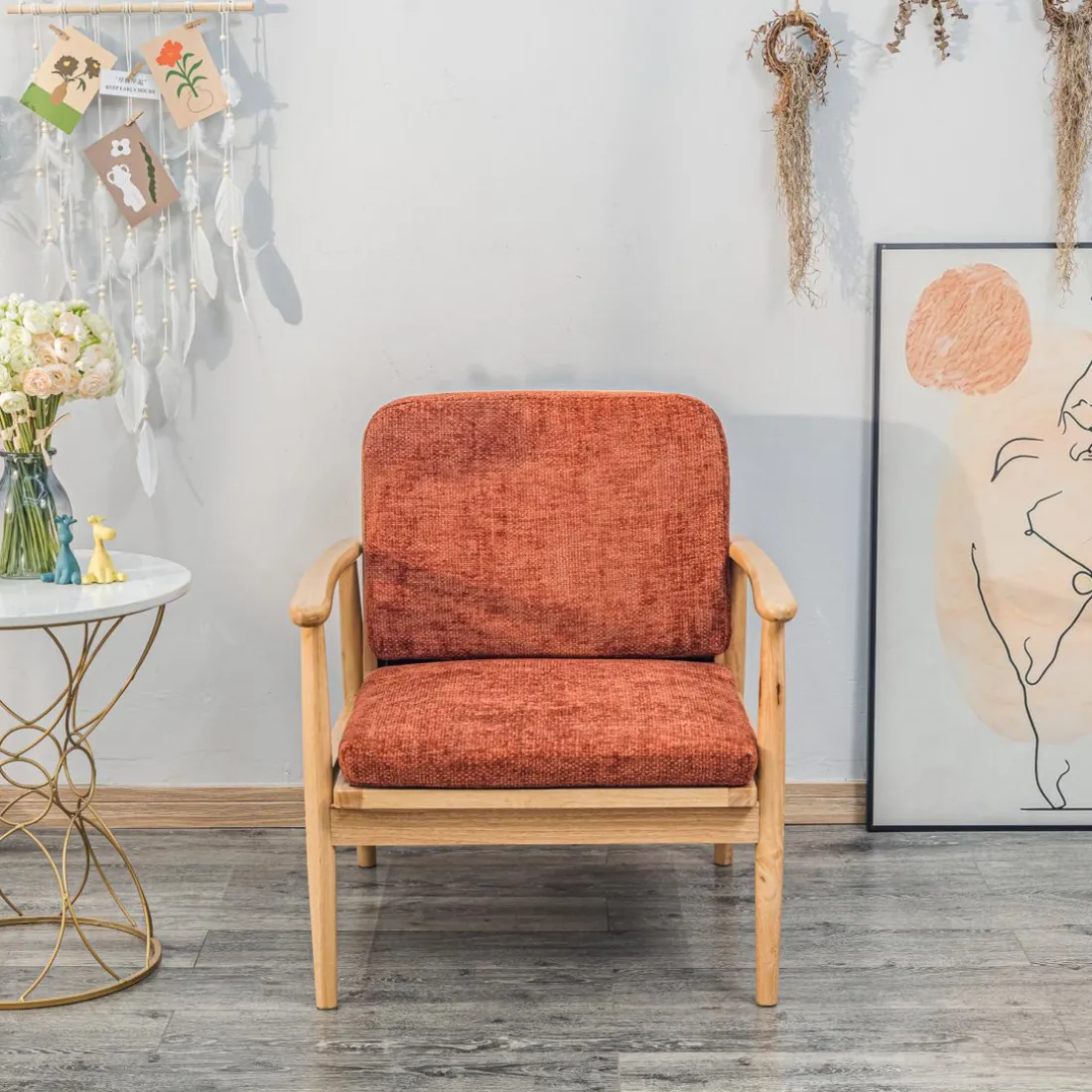 Fauteuil de Salon Scandinave avec Structure Bois et Tissu terracotta