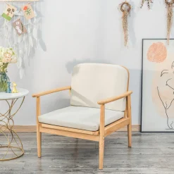 Fauteuil de Salon Scandinave avec Structure Bois et Tissu Beige