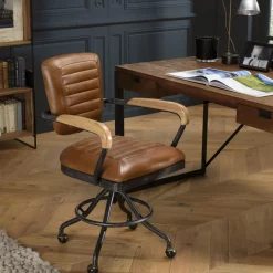 Fauteuil desk vintage cuir à roulettes GASTON