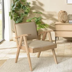 Fauteuil en Mindi, assise en tissu beige texturé