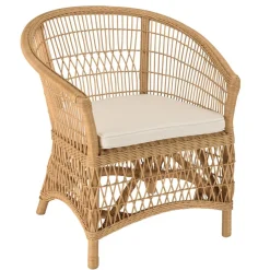 Fauteuil en rotin naturel avec coussin d'assise blanc KALLY