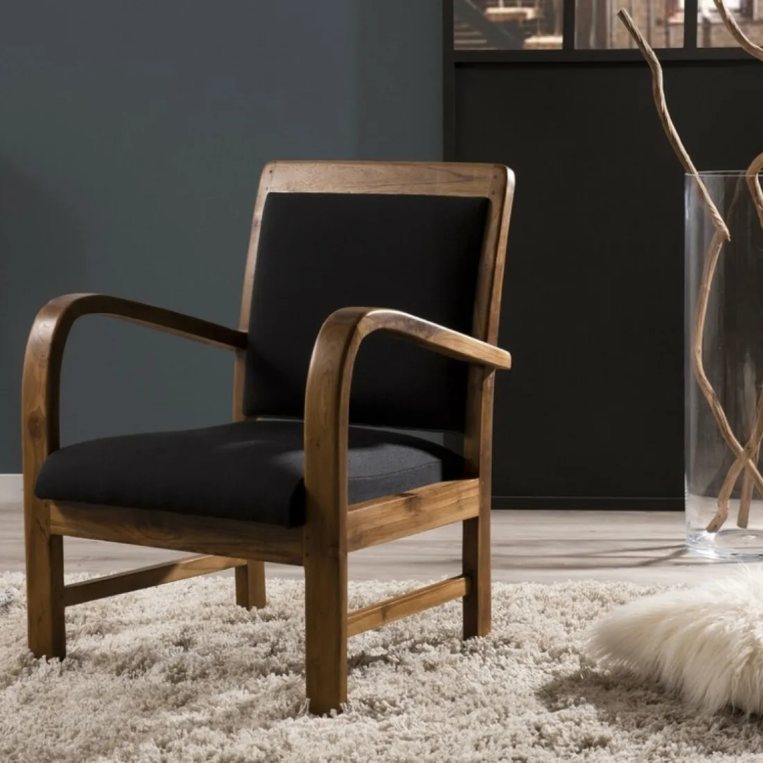Fauteuil en teck et coton uni Scandi - Noir