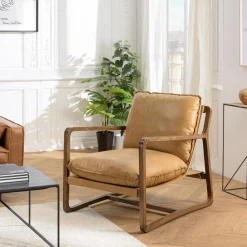 Fauteuil incliné vintage cuir marron cognac, structure en bois GASTON