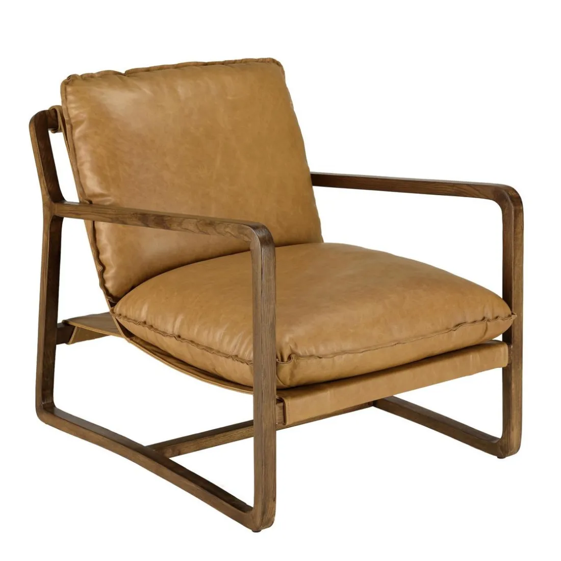 Fauteuil incliné vintage cuir marron cognac, structure en bois GASTON
