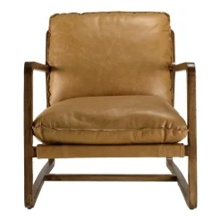 Fauteuil incliné vintage cuir marron cognac, structure en bois GASTON