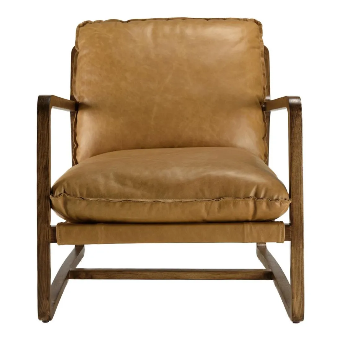 Fauteuil incliné vintage cuir marron cognac, structure en bois GASTON