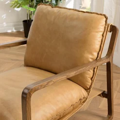 Fauteuil incliné vintage cuir marron cognac, structure en bois GASTON