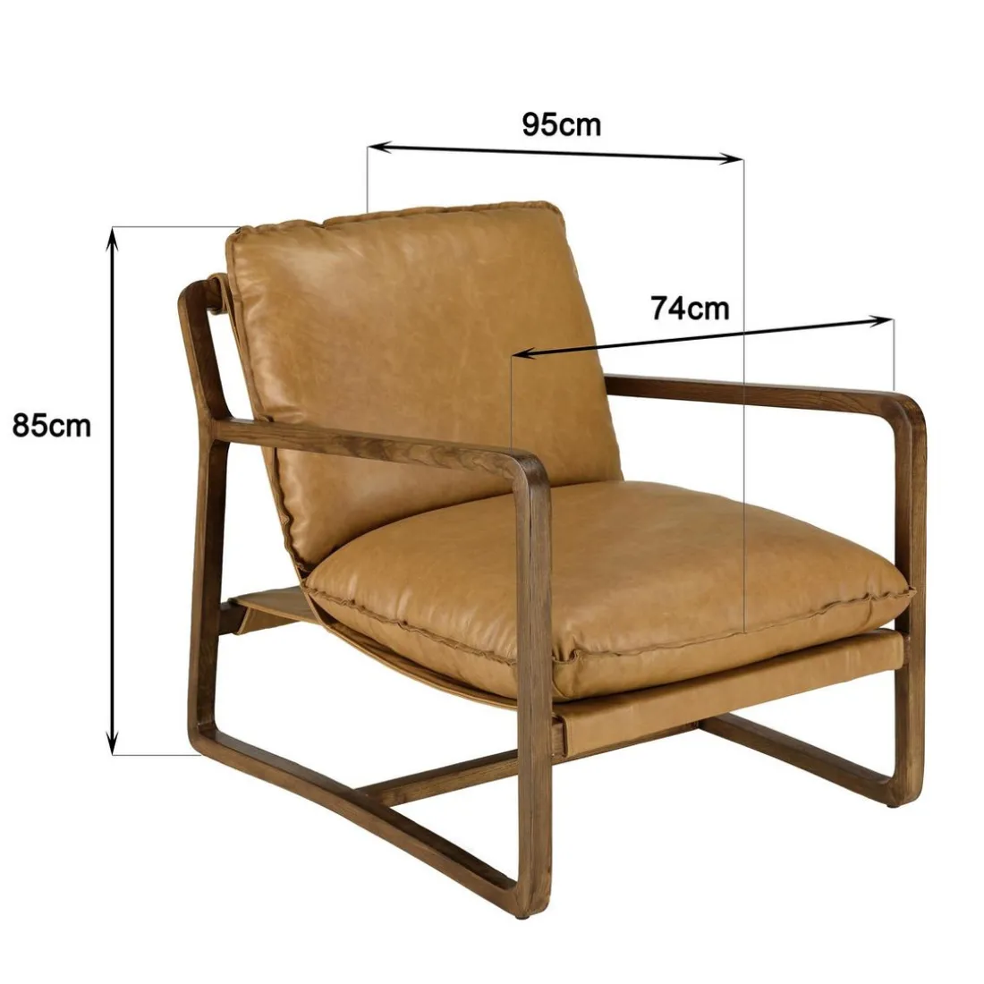 Fauteuil incliné vintage cuir marron cognac, structure en bois GASTON