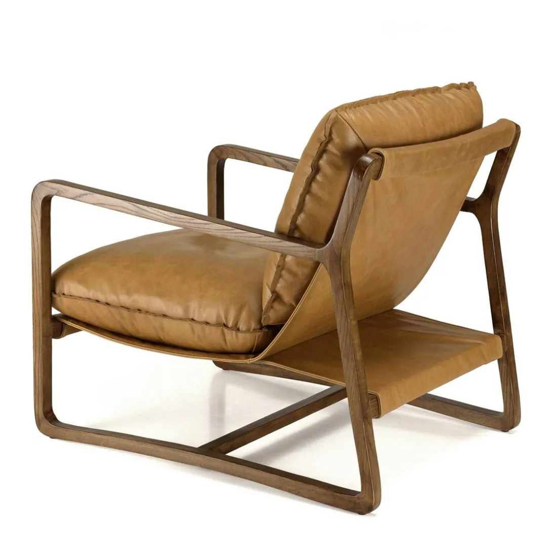 Fauteuil incliné vintage cuir marron cognac, structure en bois GASTON