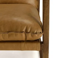 Fauteuil incliné vintage cuir marron cognac, structure en bois GASTON