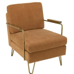 Fauteuil lounge tissu orange métal doré accoudoirs bois
