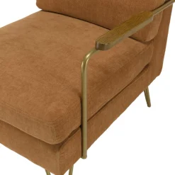 Fauteuil lounge tissu orange métal doré accoudoirs bois