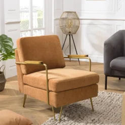 Fauteuil lounge tissu orange métal doré accoudoirs bois