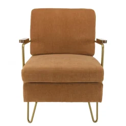 Fauteuil lounge tissu orange métal doré accoudoirs bois