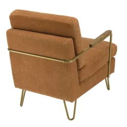 Fauteuil lounge tissu orange métal doré accoudoirs bois