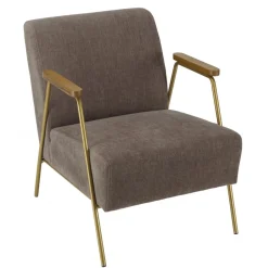 Fauteuil lounge tissu taupe métal doré accoudoirs bois