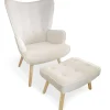 Fauteuil scandinave + pouf Lylou Tissu bouclette lainée Crème
