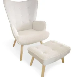 Fauteuil scandinave + pouf Lylou Tissu bouclette lainée Crème