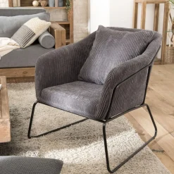 Fauteuil Tissu AGATHE Velours Cotelé Gris Anthracite Pieds Évasés Métal